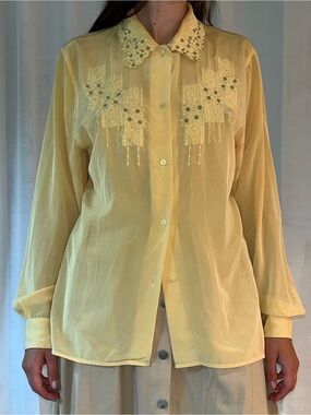 Delicate Embroidered Yellow Button-Front Blouse